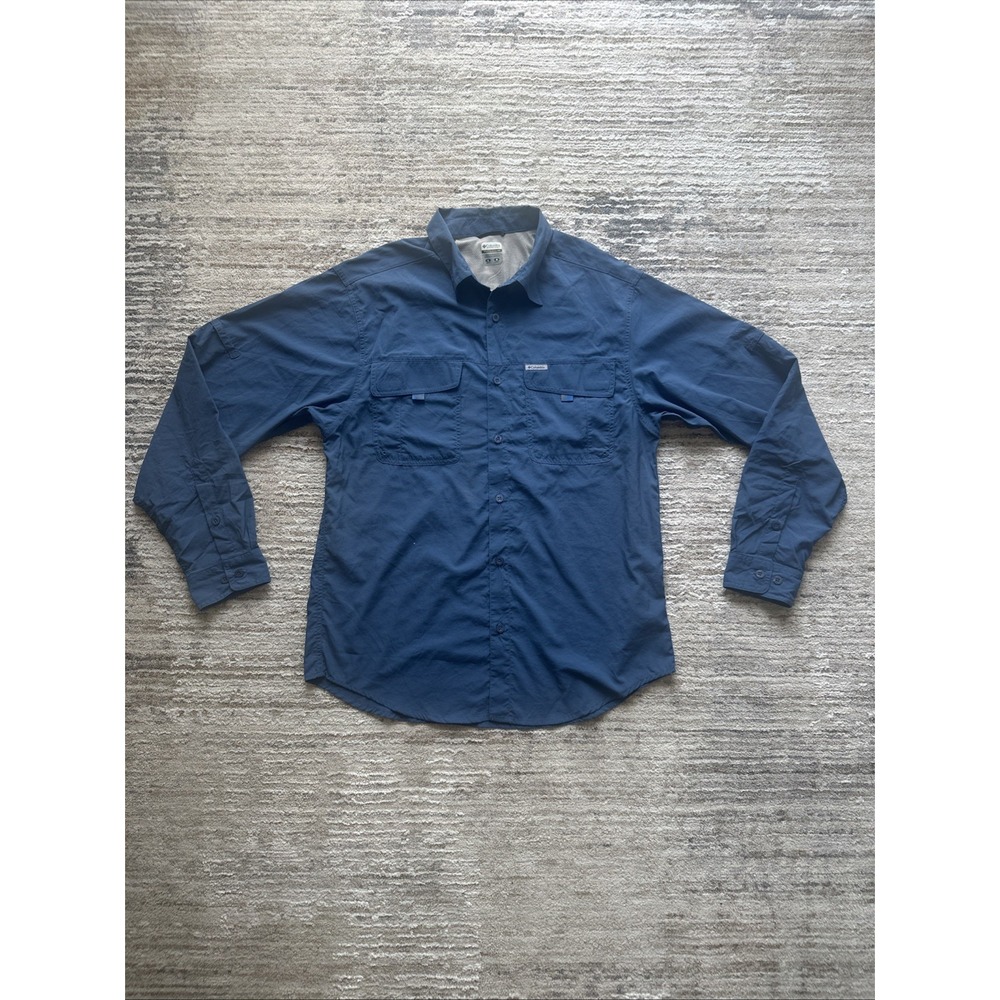 Columbia Button Down Shirt Blue Size L Titanium Hiking Nylon Long Sleeve Pockets